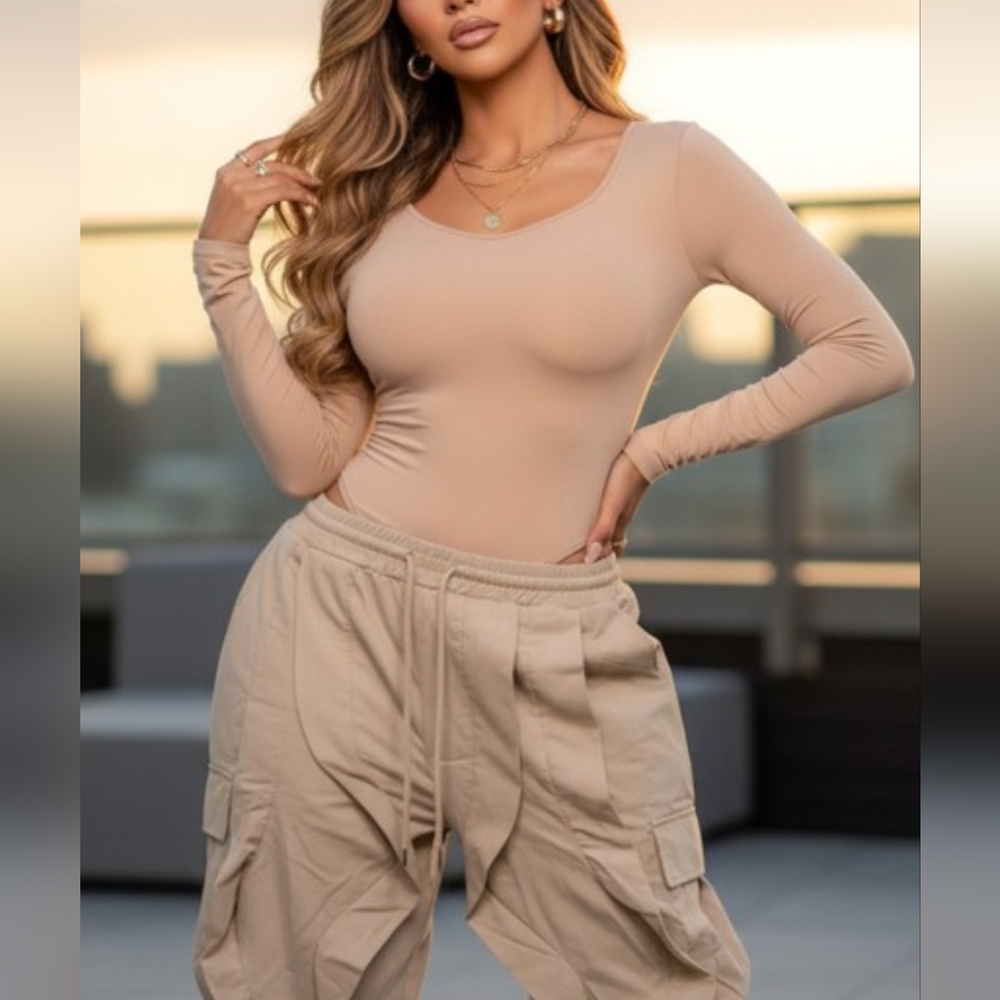 043. Beige Long Sleeve Bodysuit